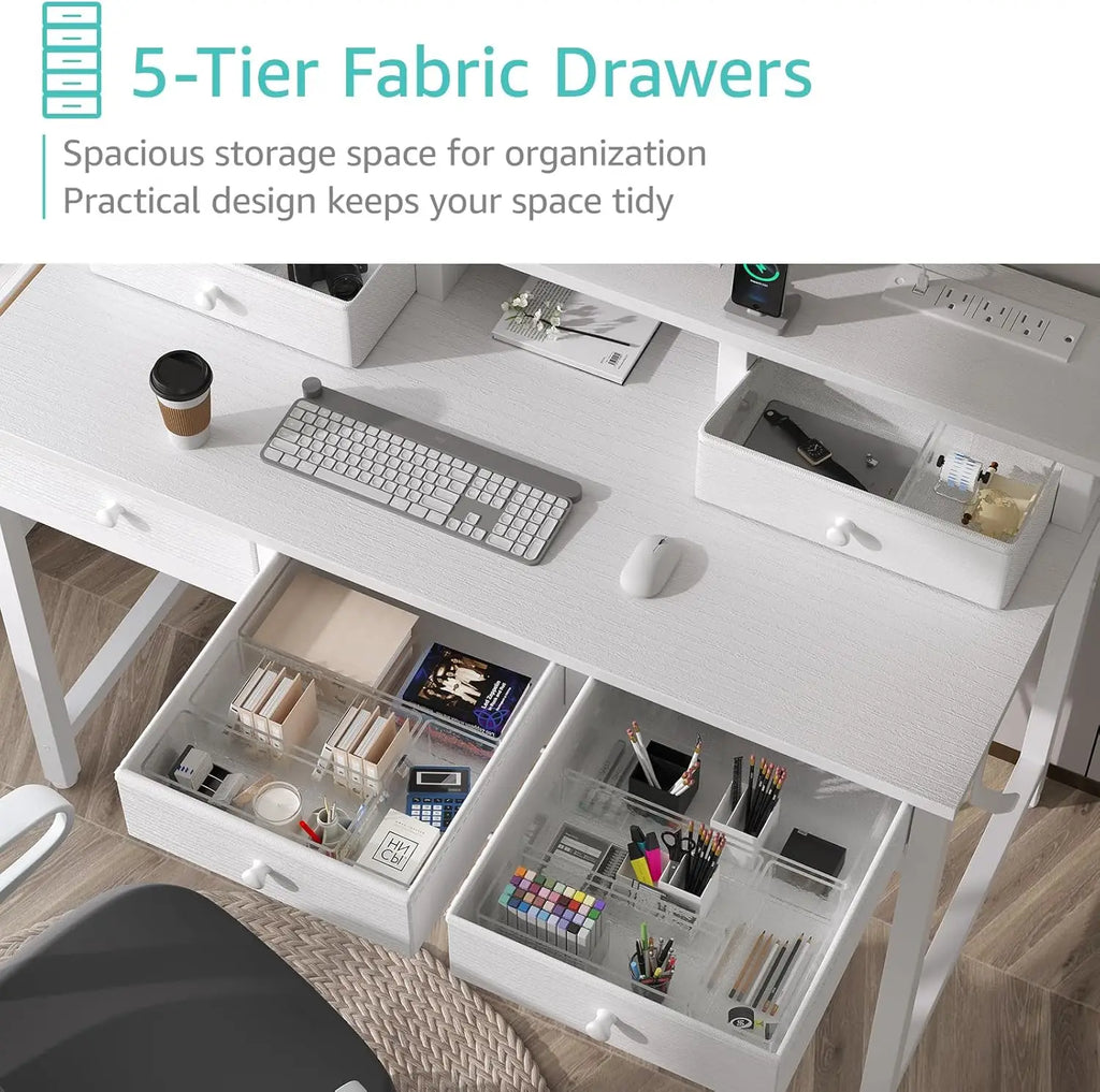 40-Inch Home Office Desk with Fabric Drawers, Power Outlet, and Monitor Stand for Study or Bedroom