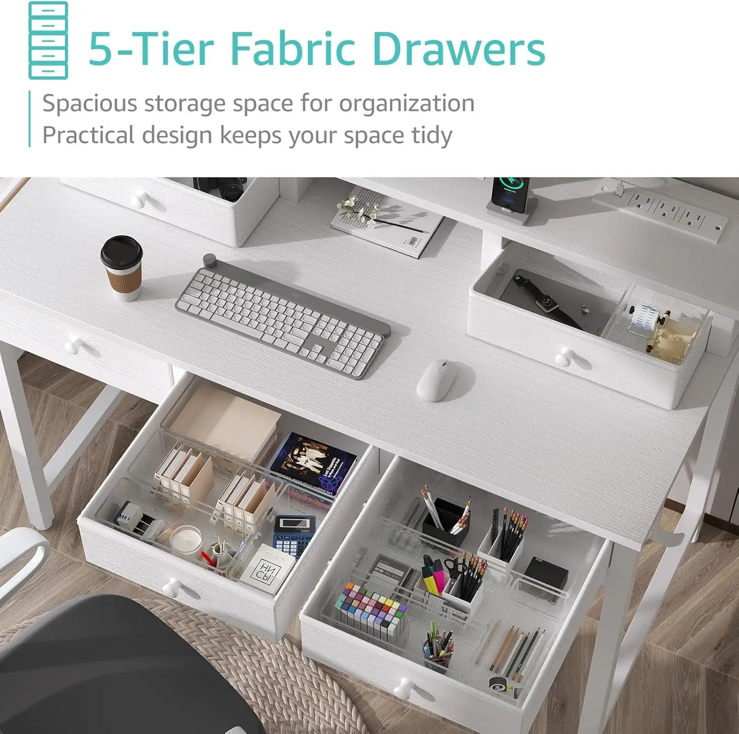 40-Inch Home Office Desk with Fabric Drawers, Power Outlet, and Monitor Stand for Study or Bedroom