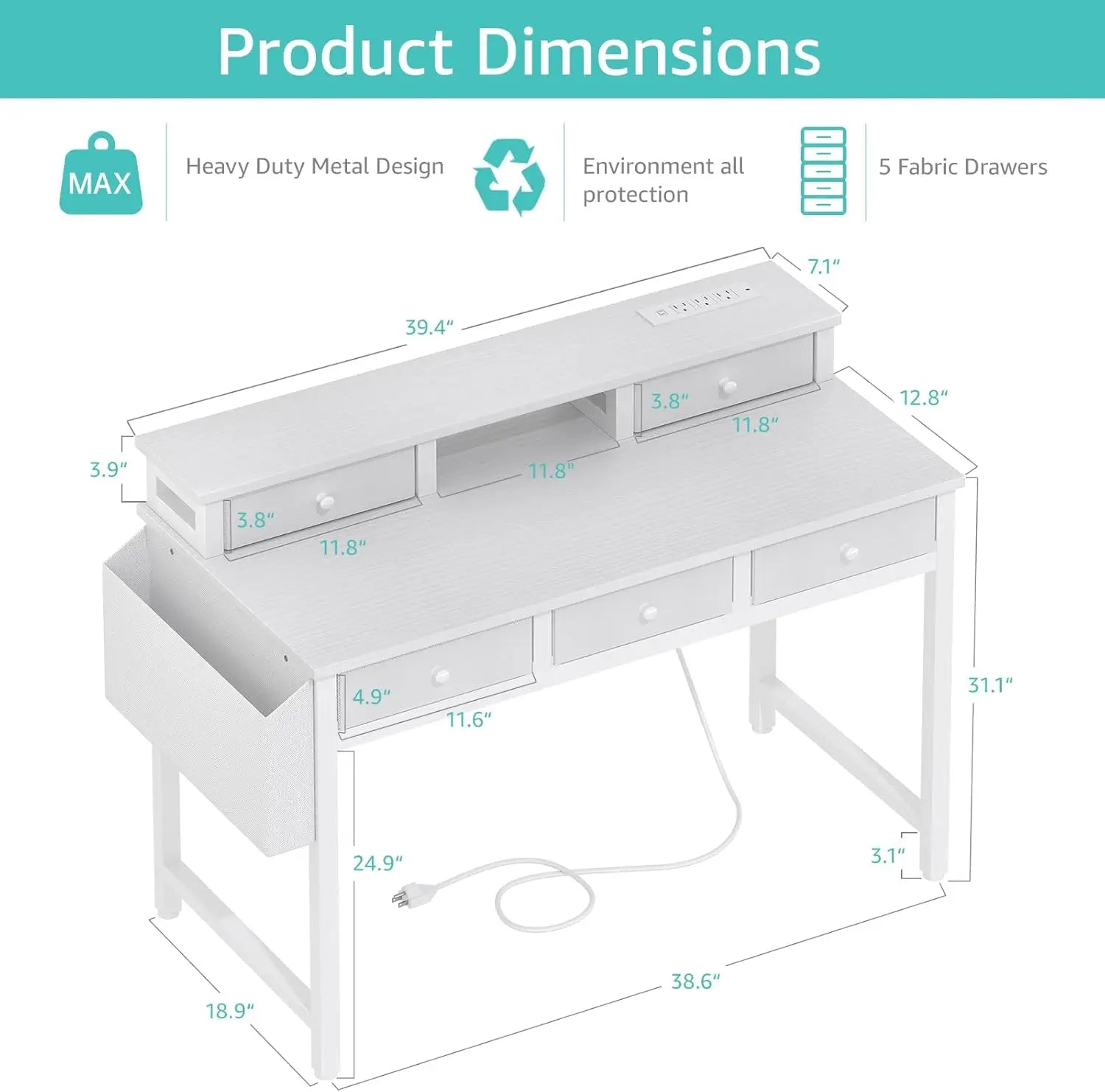 40-Inch Home Office Desk with Fabric Drawers, Power Outlet, and Monitor Stand for Study or Bedroom