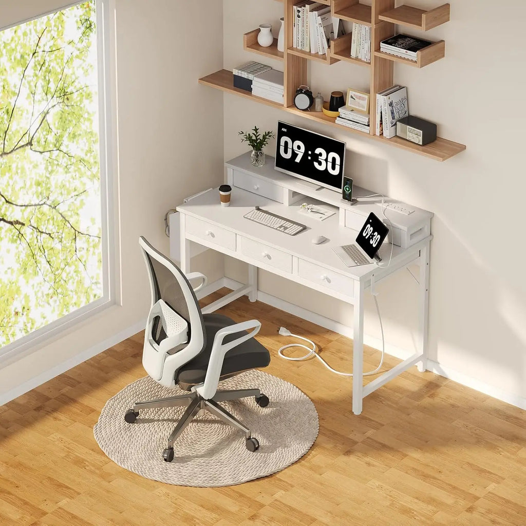 40-Inch Home Office Desk with Fabric Drawers, Power Outlet, and Monitor Stand for Study or Bedroom