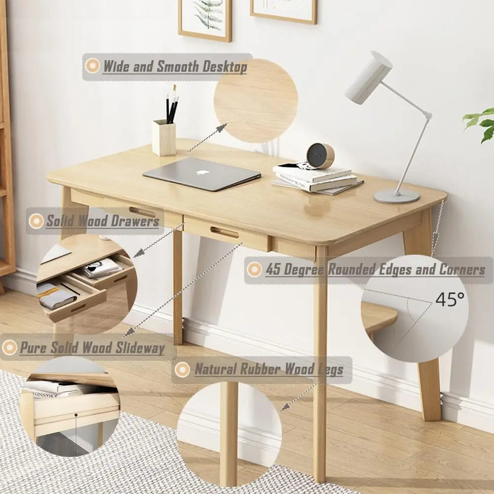 Solid Wood Writing Desk with Drawer for Home Office, Laptop Computer Work Study Table