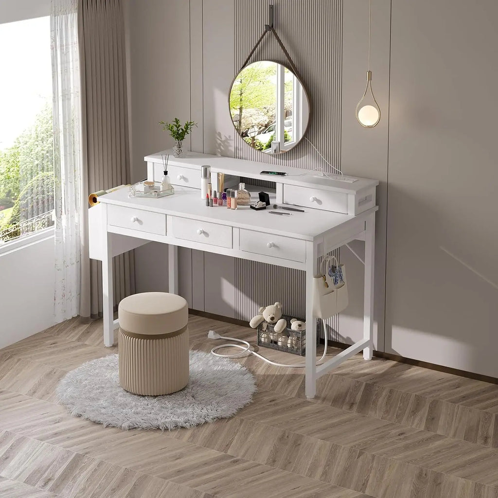 40-Inch Home Office Desk with Fabric Drawers, Power Outlet, and Monitor Stand for Study or Bedroom