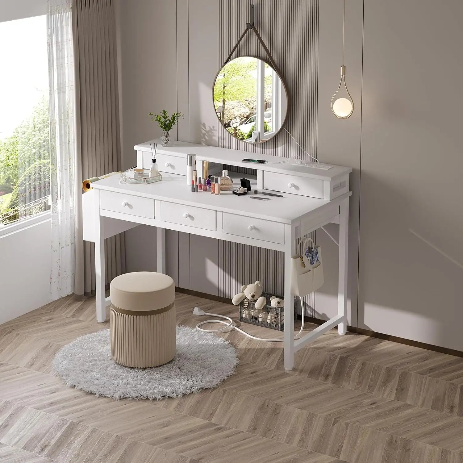 40-Inch Home Office Desk with Fabric Drawers, Power Outlet, and Monitor Stand for Study or Bedroom