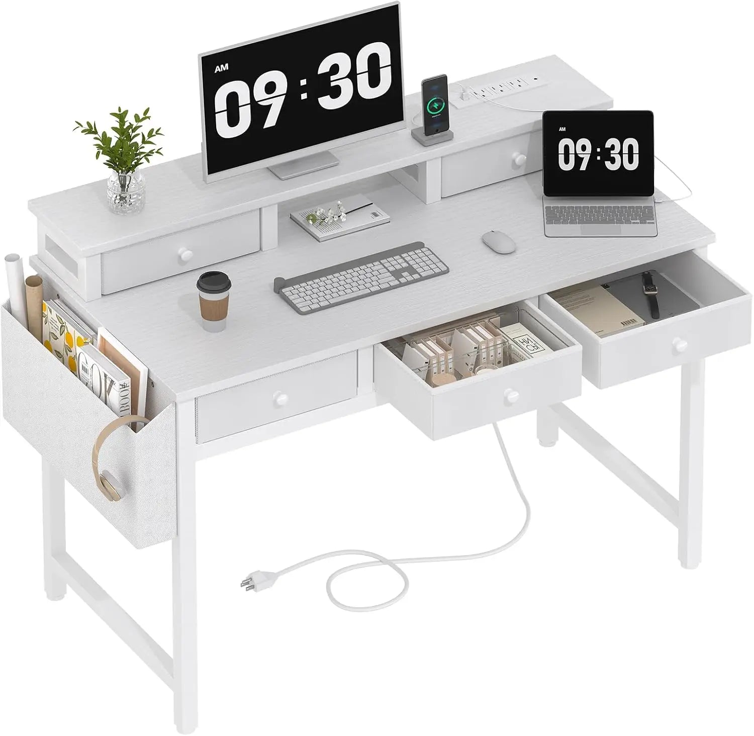 40-Inch Home Office Desk with Fabric Drawers, Power Outlet, and Monitor Stand for Study or Bedroom